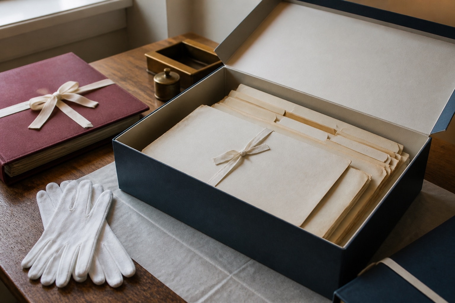 An open archival box holding carefully preserved civic records