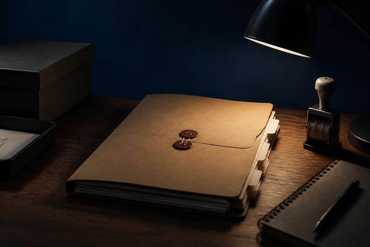 An anonymous case file and index tabs under a quiet desk lamp