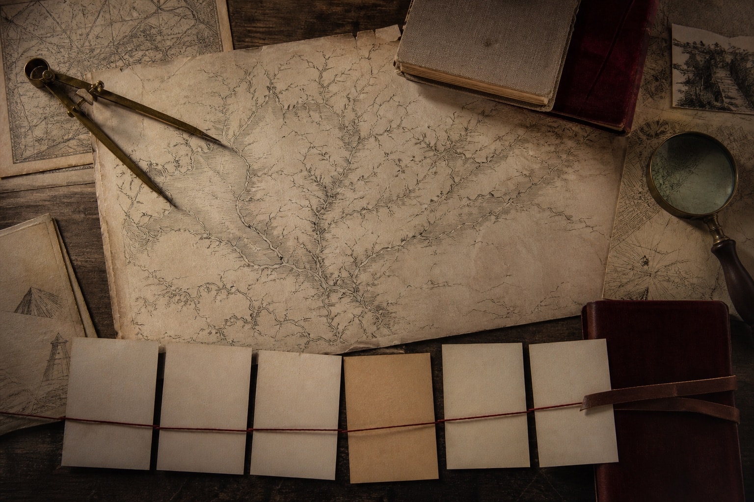 Archival maps and blank chronology cards arranged on a research table