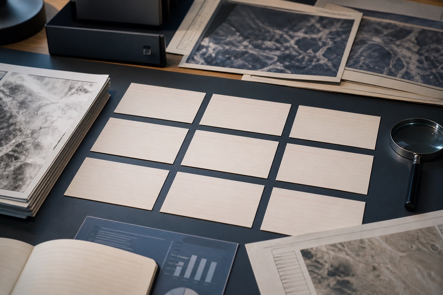 Evidence cards and terrain images arranged for careful source comparison