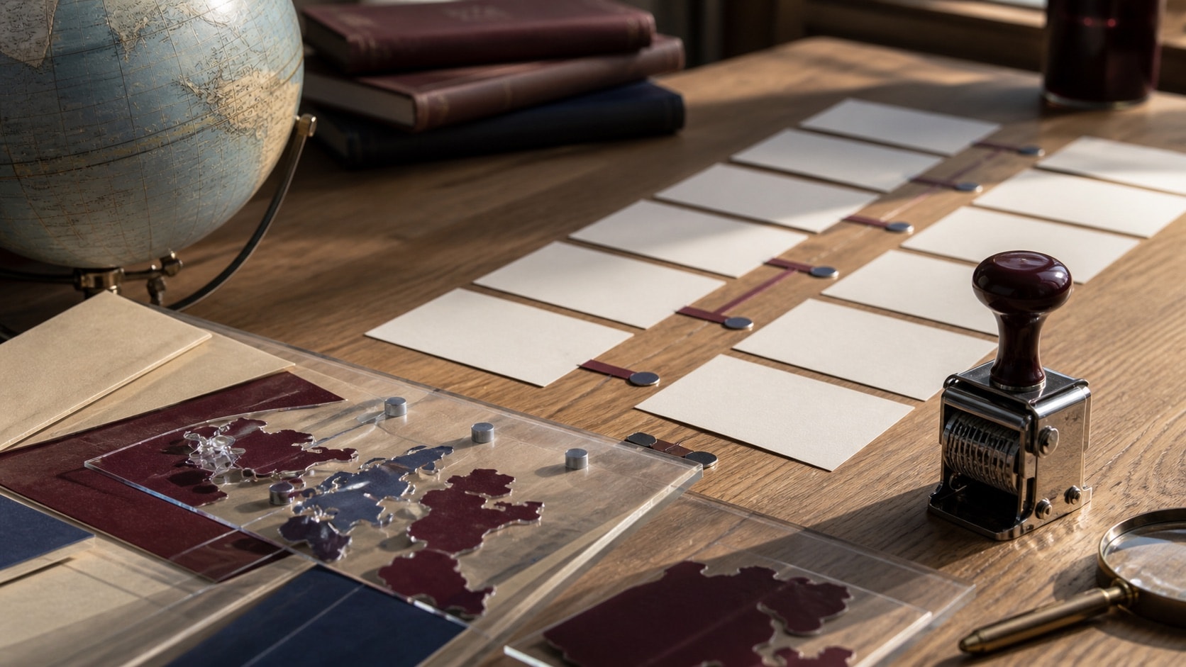 Blank transaction cards arranged as a dated investment research timeline