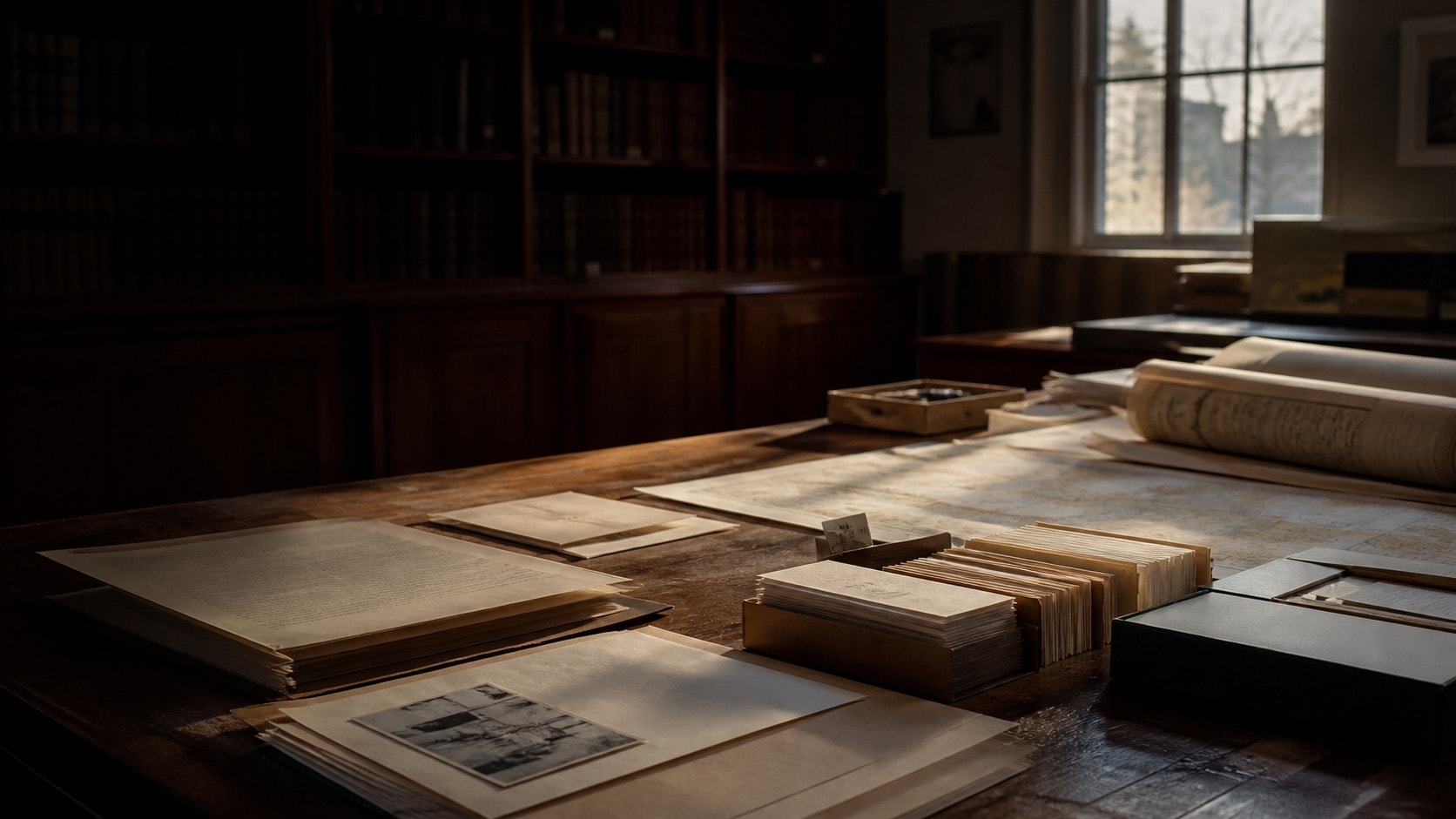Document folders and maps arranged in a quiet archival reading room